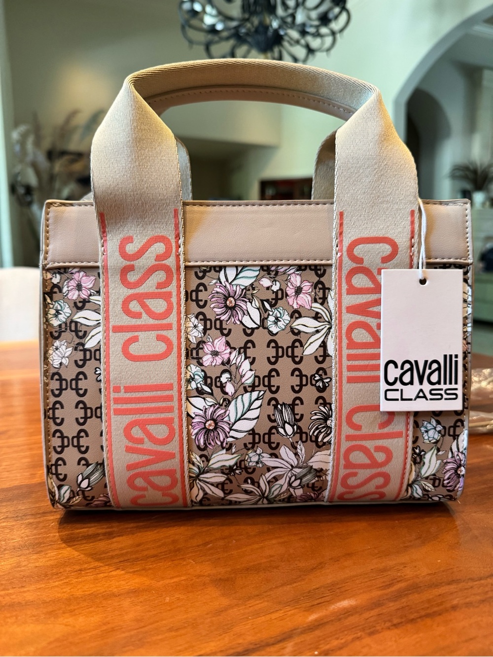 Cavalli Class Beige and Pink Floral Logo Satchel
